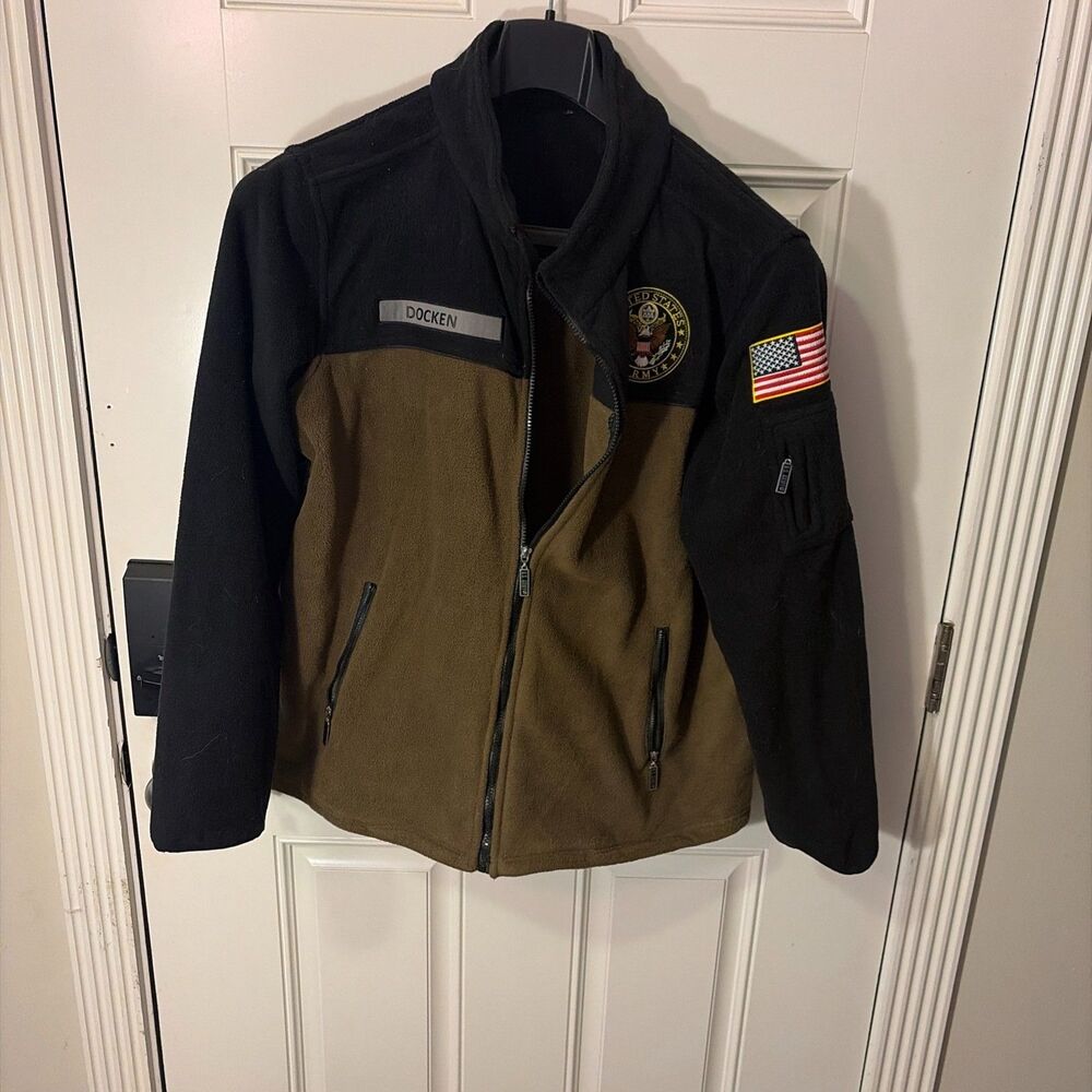 United States Army - XL- Green Black Full Zip Fleece Jacket - Docken - Nice!